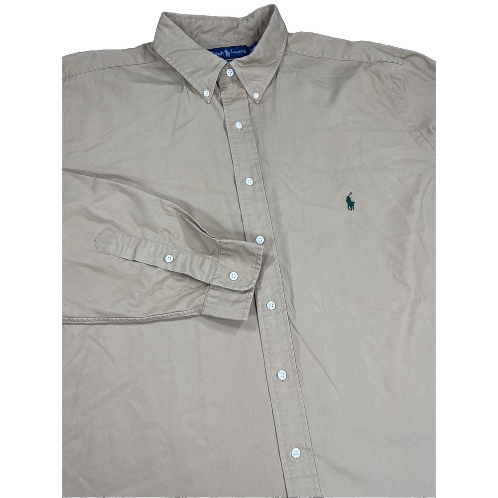 Ralph Lauren Shirt Men's 2XLT Tan Long Sleeve Classic Fit Green Pony 100% Cotton